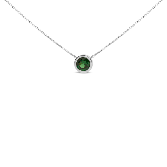 .925 Sterling Silver 7MM Bezel Set Created Green Emerald Pendant Necklace -